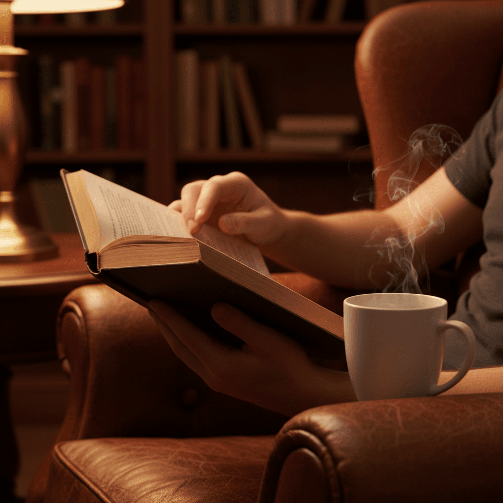 Bücher, Dokumente und eine Tasse Tee auf einem Holztisch